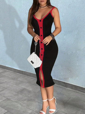 Ladies' Color Blocking Side Split Hem Slip Dress With Spaghetti Straps
