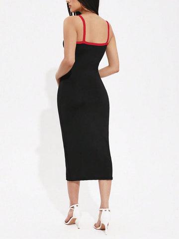 Ladies' Color Blocking Side Split Hem Slip Dress With Spaghetti Straps