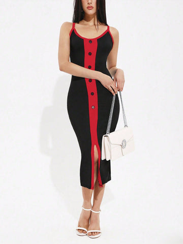 Ladies' Color Blocking Side Split Hem Slip Dress With Spaghetti Straps