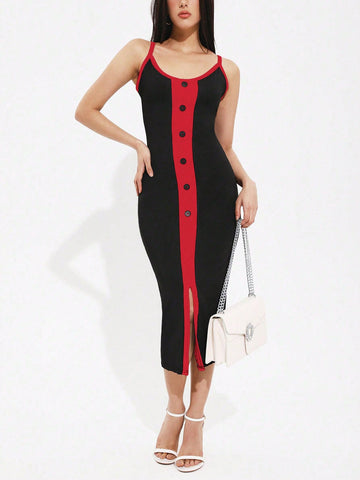 Ladies' Color Blocking Side Split Hem Slip Dress With Spaghetti Straps