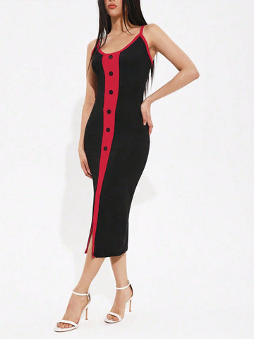 Ladies' Color Blocking Side Split Hem Slip Dress With Spaghetti Straps