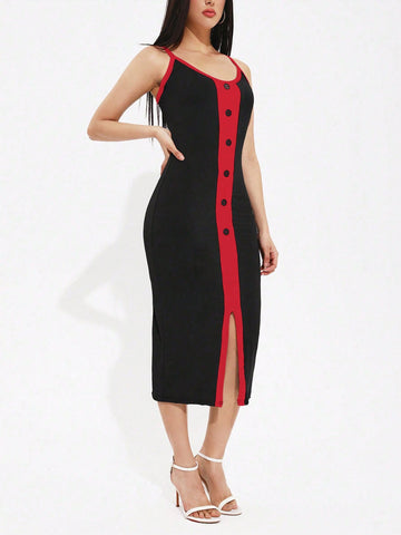 Ladies' Color Blocking Side Split Hem Slip Dress With Spaghetti Straps