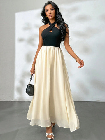 Ladies Contrast Color Simple Daily Open Shoulder Dress