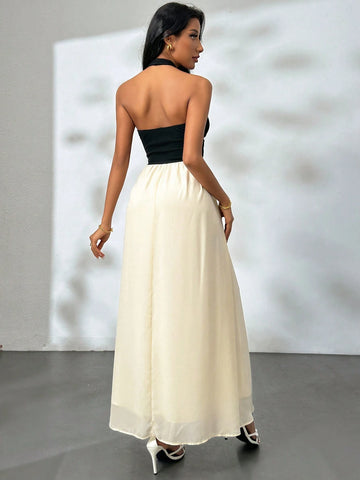 Ladies Contrast Color Simple Daily Open Shoulder Dress