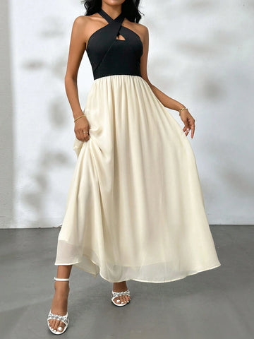 Ladies Contrast Color Simple Daily Open Shoulder Dress