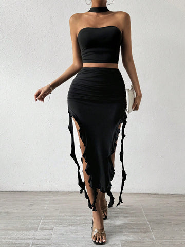 Ladies' Cropped Top And Ruffled Hem Skirt Set