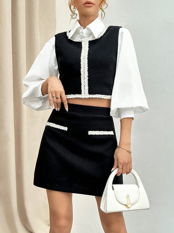 Ladies' Elegant Black And White Two Piece Set