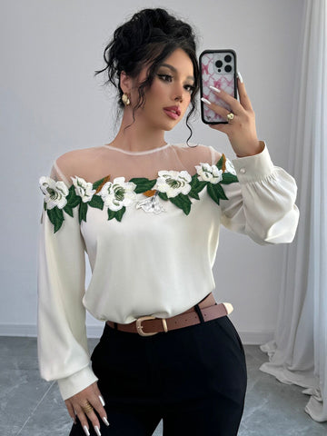 Privé Ladies' Elegant Long Sleeve Blouse With Lace Mesh Patchwork