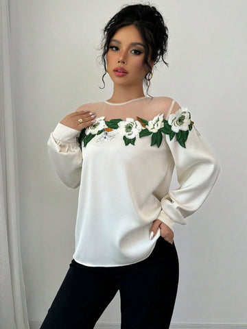 Privé Ladies' Elegant Long Sleeve Blouse With Lace Mesh Patchwork