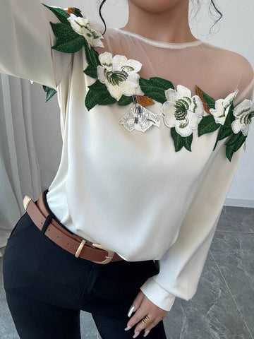 Privé Ladies' Elegant Long Sleeve Blouse With Lace Mesh Patchwork