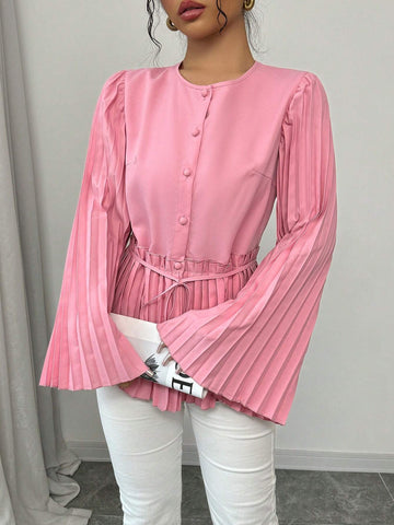 Privé Ladies Elegant Solid Color Pleated Bell Sleeve Blouse, Autumn