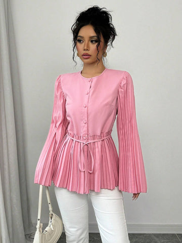 Privé Ladies Elegant Solid Color Pleated Bell Sleeve Blouse, Autumn