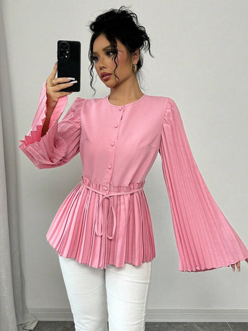 Privé Ladies Elegant Solid Color Pleated Bell Sleeve Blouse, Autumn