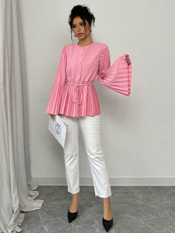 Privé Ladies Elegant Solid Color Pleated Bell Sleeve Blouse, Autumn