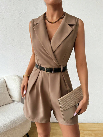 Ladies' Fashionable Elegant Solid Color Sleeveless Blazer Jumpsuit