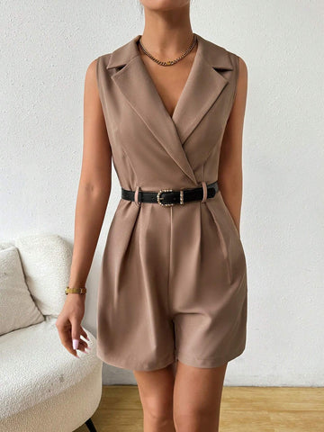 Ladies' Fashionable Elegant Solid Color Sleeveless Blazer Jumpsuit