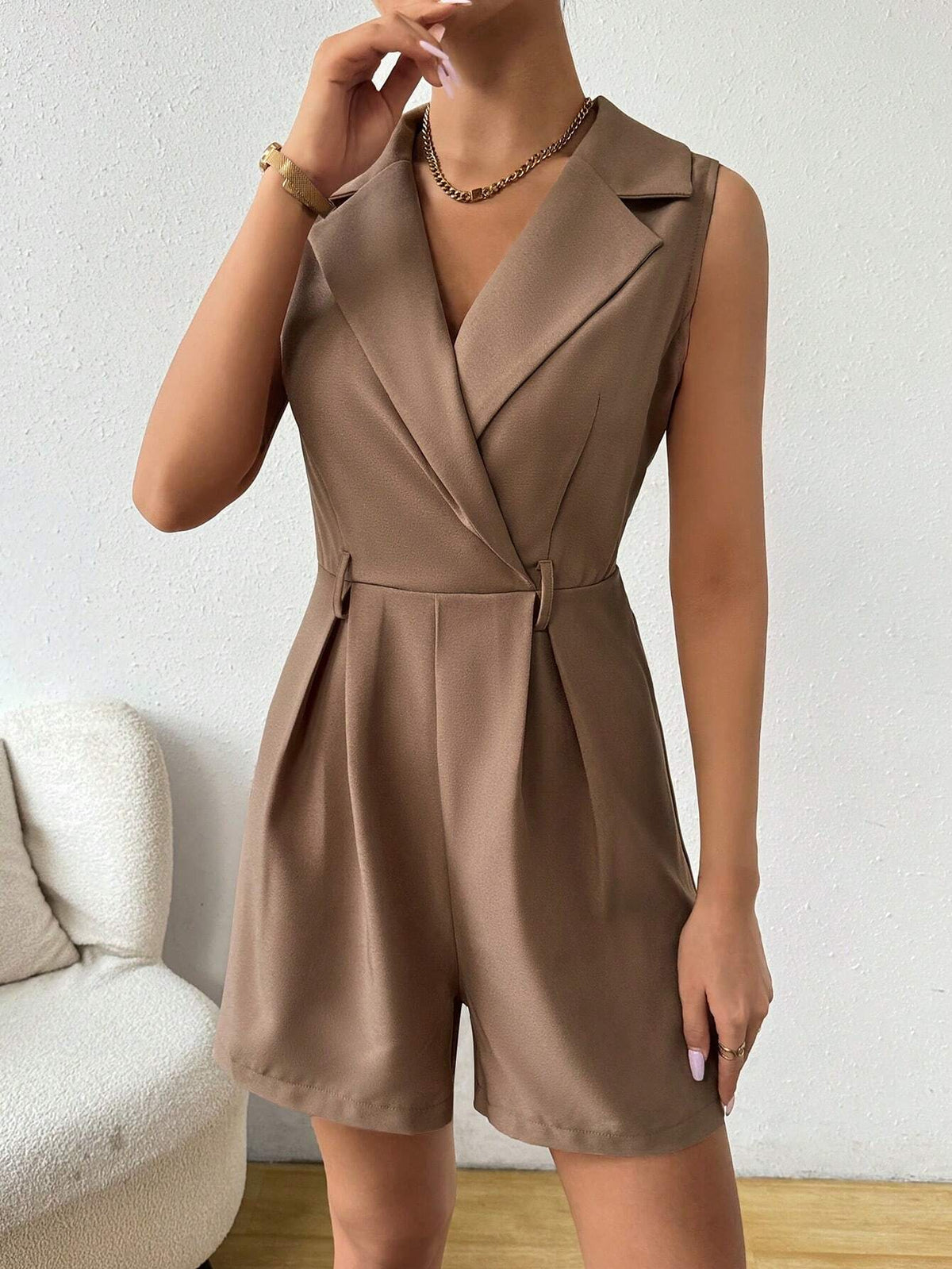 Ladies' Fashionable Elegant Solid Color Sleeveless Blazer Jumpsuit