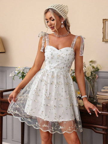 Ladies' Floral Embroidered Mesh Cami Dress