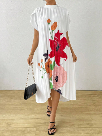 Ladies' Floral Print Dress With Pleated Details Throughout