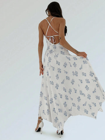 Ladies' Irregular Hem Tight-Fitting Printed Spaghetti-Strap Backless Romantic Date Dress With