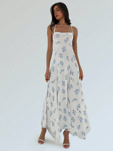 Ladies' Irregular Hem Tight-Fitting Printed Spaghetti-Strap Backless Romantic Date Dress With
