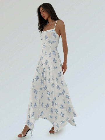 Ladies' Irregular Hem Tight-Fitting Printed Spaghetti-Strap Backless Romantic Date Dress With