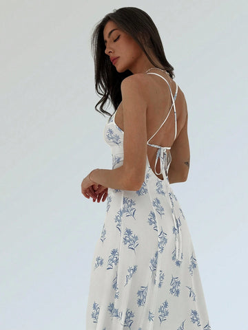 Ladies' Irregular Hem Tight-Fitting Printed Spaghetti-Strap Backless Romantic Date Dress With