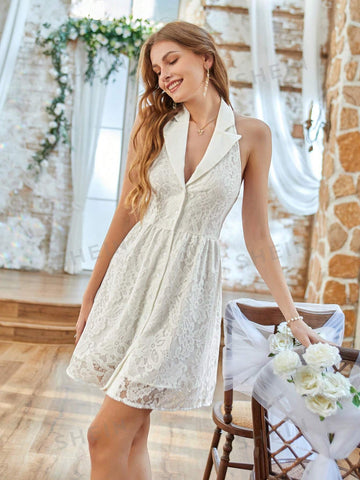 Ladies' Lapel Single-Breasted Halter Dress With Color Contrast Collar