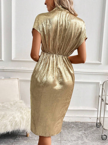 Ladies' Metallic Pleated Design Fashionable Dress
