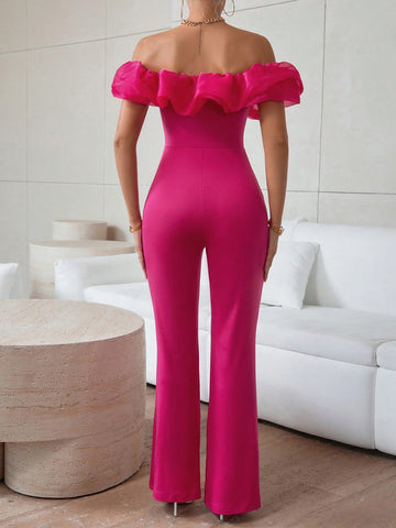 Ladies Off Shoulder Lace Trim Flared Jumpsuit