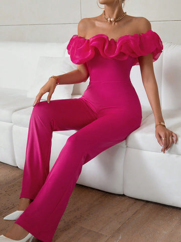 Ladies Off Shoulder Lace Trim Flared Jumpsuit