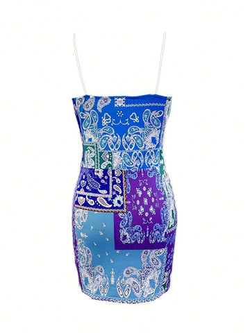 Ladies' Paisley Printed Bodycon Strap Dress Suitable For Summer Music Festival