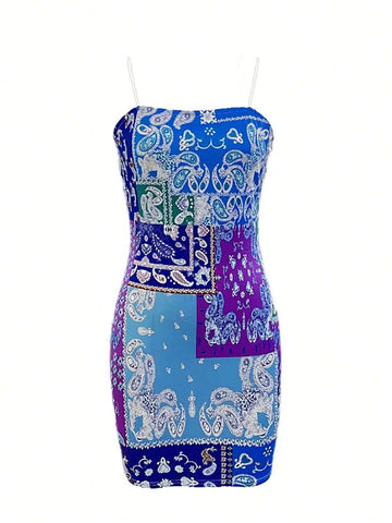 Ladies' Paisley Printed Bodycon Strap Dress Suitable For Summer Music Festival