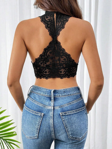 Ladies Plain Elegant Sexy Backless Lace Bodycon Jumpsuit In Solid Color