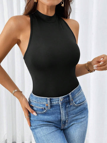 Ladies Plain Elegant Sexy Backless Lace Bodycon Jumpsuit In Solid Color