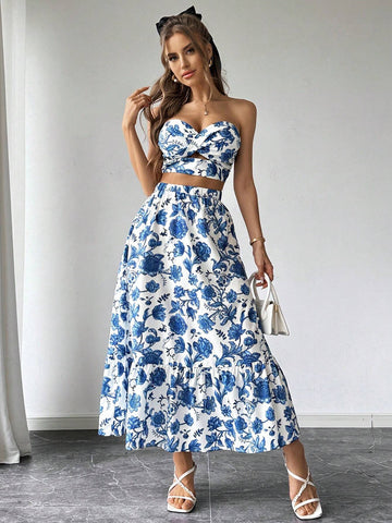 Ladies' Printed Simple Daily Top & Skirt Set
