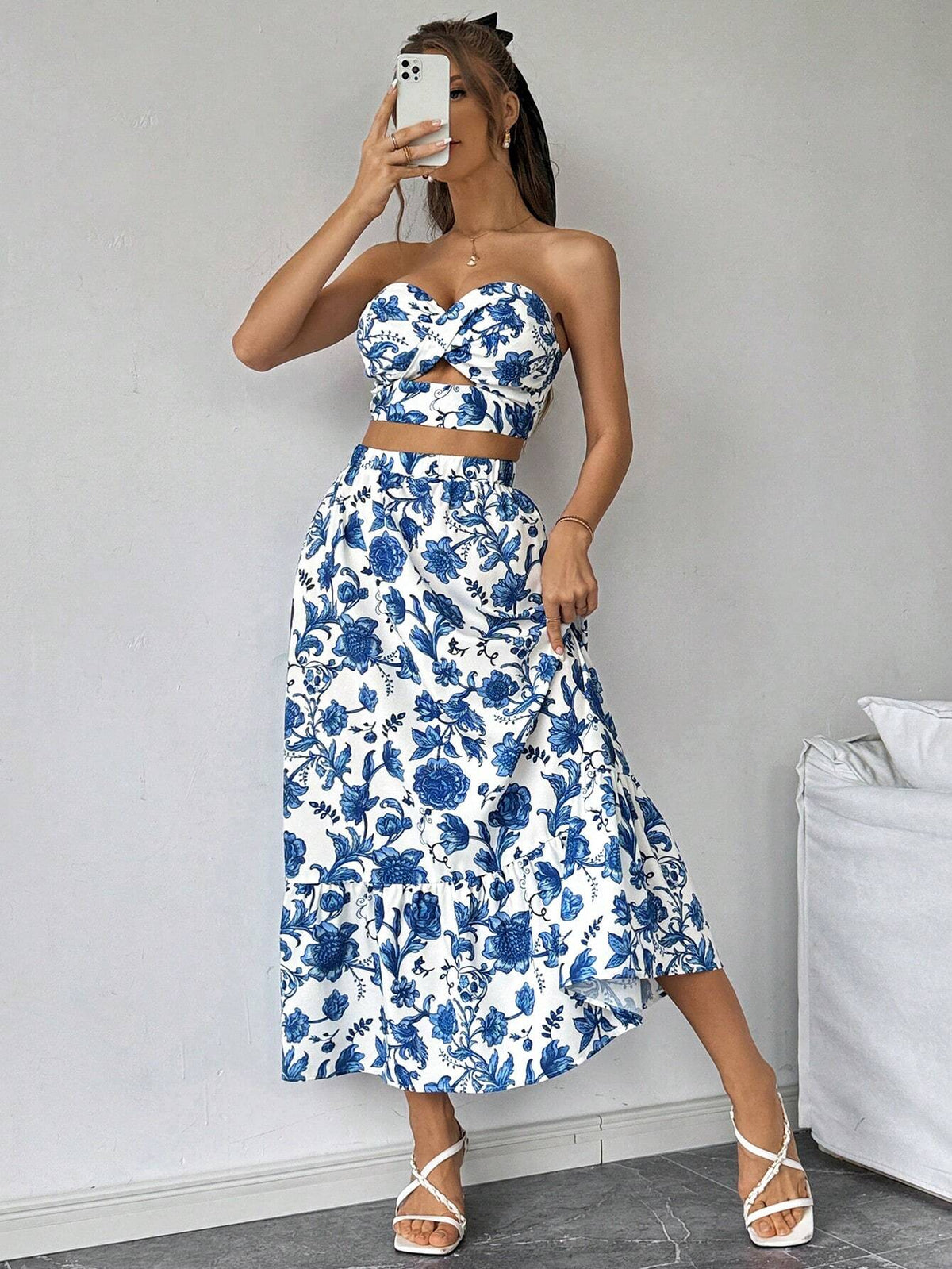 Ladies' Printed Simple Daily Top & Skirt Set