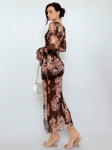 Ladies' Printed V-Neck Mesh Long Sleeve Dress With Flared Sleeves