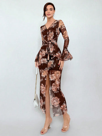 Ladies' Printed V-Neck Mesh Long Sleeve Dress With Flared Sleeves