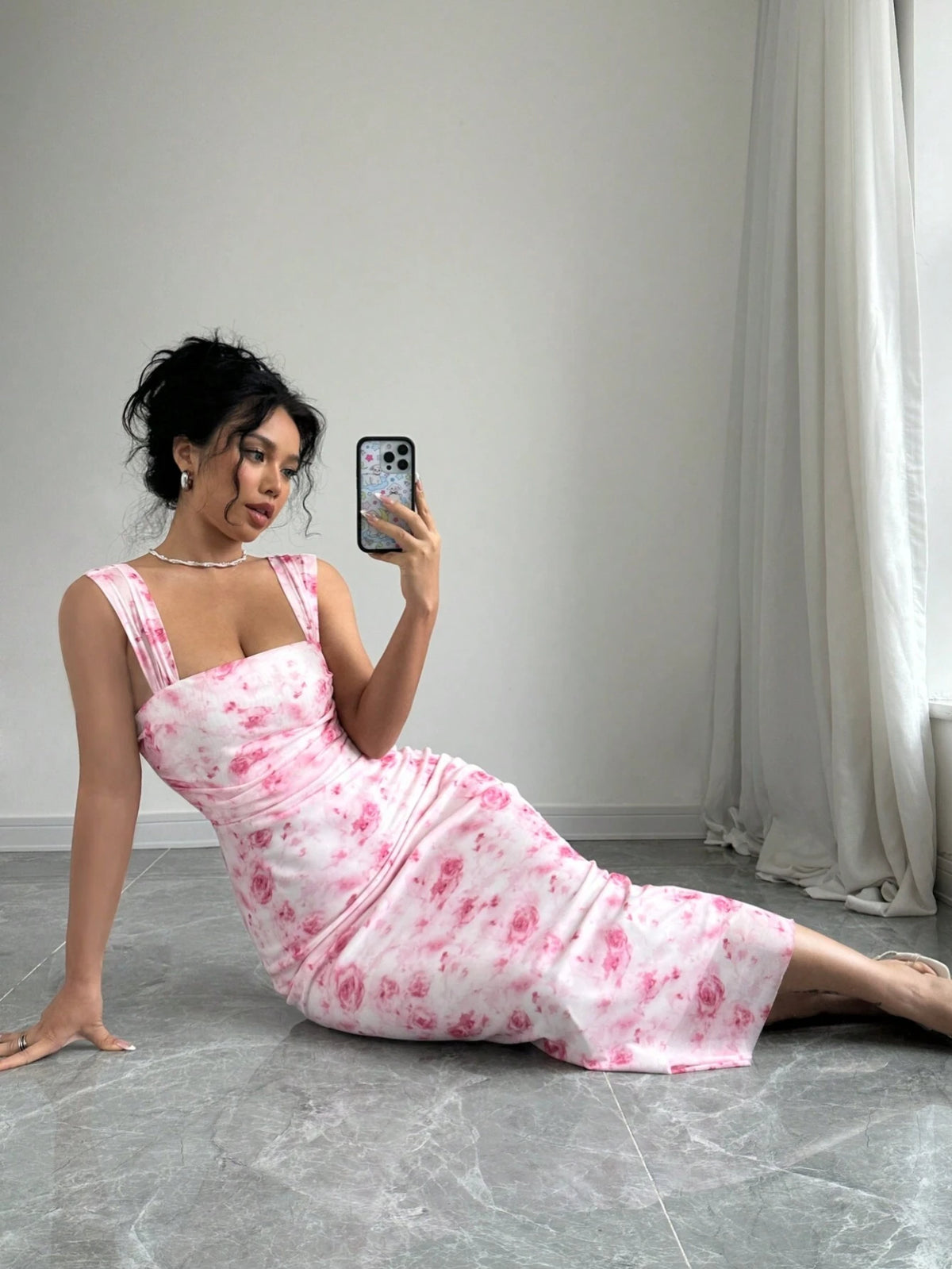 Ladies' Random Flower Printed Spaghetti Strap Simple Daily Dress
