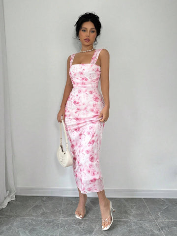 Ladies' Random Flower Printed Spaghetti Strap Simple Daily Dress