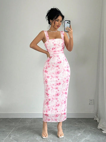 Ladies' Random Flower Printed Spaghetti Strap Simple Daily Dress