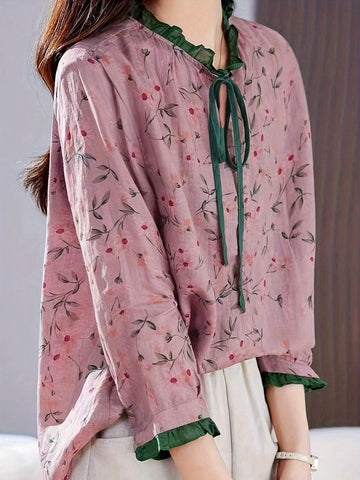 Privé Ladies Random Print Tie-Up Collar Contrast Trim Floral Casual Shirt