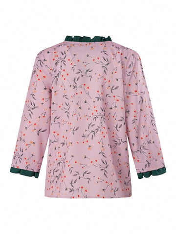 Privé Ladies Random Print Tie-Up Collar Contrast Trim Floral Casual Shirt