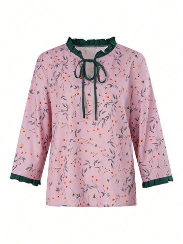 Privé Ladies Random Print Tie-Up Collar Contrast Trim Floral Casual Shirt
