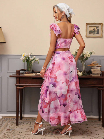 Ladies' Random Printed V-Neck Sleeveless Top And Asymmetric Hem Wrap Skirt Two Piece Set