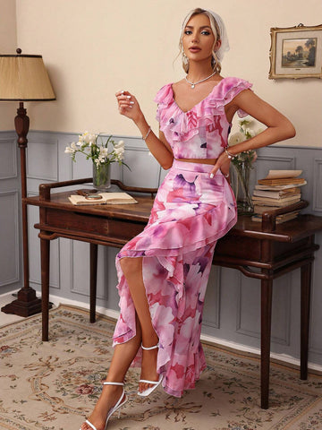 Ladies' Random Printed V-Neck Sleeveless Top And Asymmetric Hem Wrap Skirt Two Piece Set