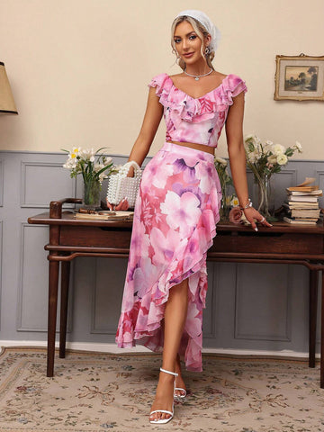 Ladies' Random Printed V-Neck Sleeveless Top And Asymmetric Hem Wrap Skirt Two Piece Set