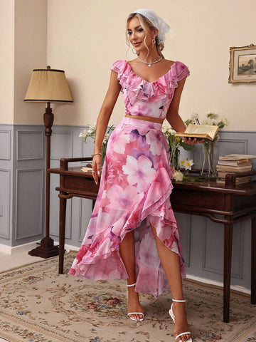 Ladies' Random Printed V-Neck Sleeveless Top And Asymmetric Hem Wrap Skirt Two Piece Set