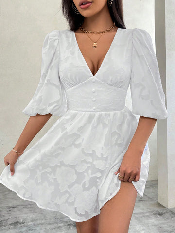 Ladies' Romantic White Bubble Sleeve V-Neck A-Line Dress For Valentine's Day, Perfect For Dating